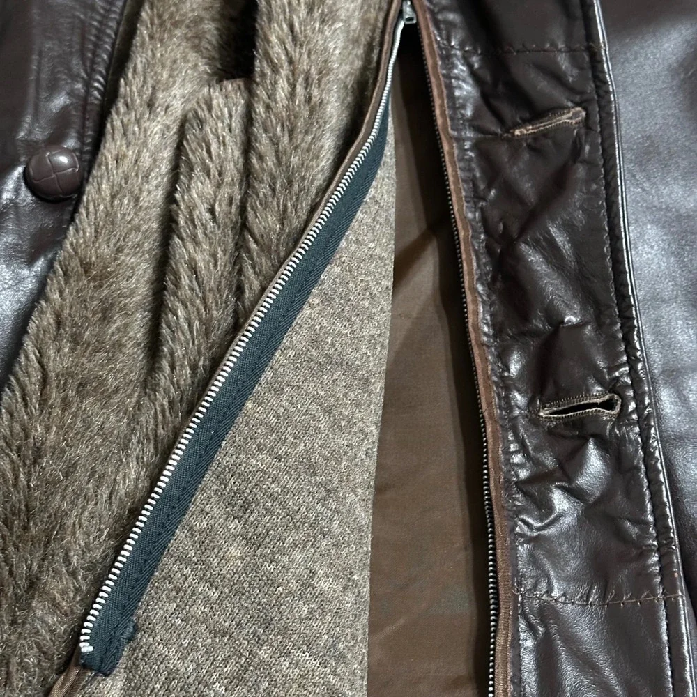 VTG Cooper Brown Leather Car Coat Jacket Made in USA Zip Out Faux Fur Liner 44 L - Picture 4 of 11